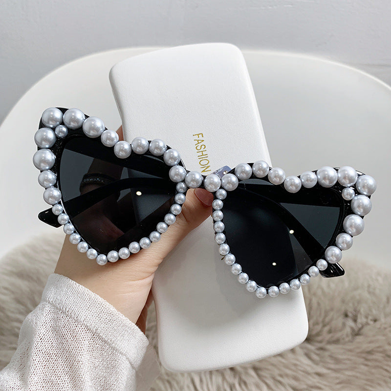 Heart-Shaped Pearl-Studded Sunglasses for Women